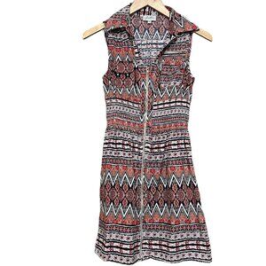J Gee Front Zip Cotton A Line Dress Multicolor Geometric Pattern Size PS